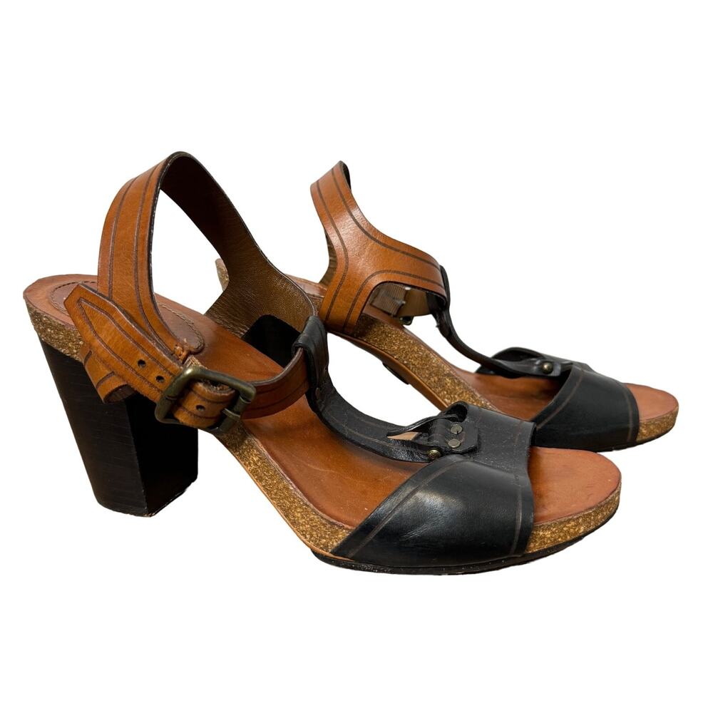 Frye Black and Brown Leather Block Heel Sandals